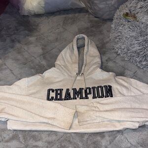 Champion Light Gray Hoodie with Navy Logo